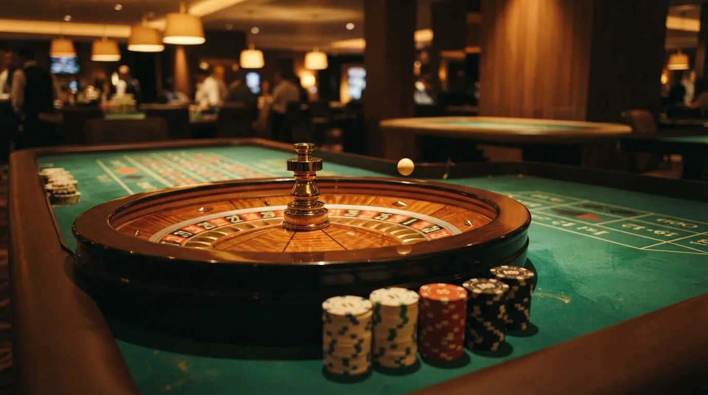 Rulettipyörä ja pelimerkit vihreällä huovalla lämpimässä iltavalossa — casino ventti