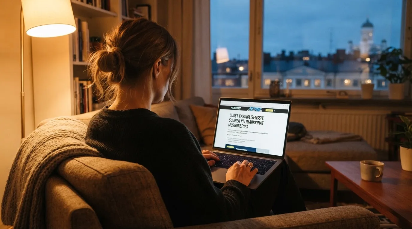Nainen selaa kannettavaa tietokonetta olohuoneen sohvalla, iltavalaistus luo lämpimän tunnelman tilaan.