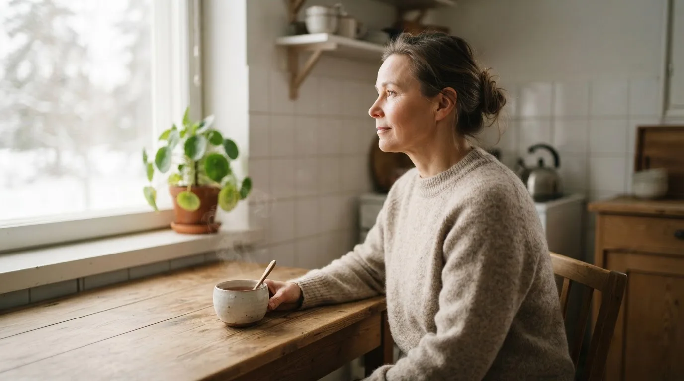 Henkilö istuu keittiön pöydän ääressä teekupin kanssa katsoen ulos ikkunasta rauhallisesti.