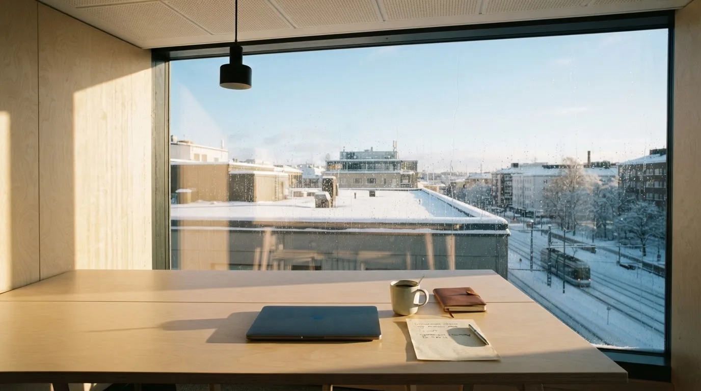 Toimistohuoneen ikkunasta näkyy maaliskuun aamu, lumi sulaa katolla auringonpaisteessa hiljaisella aamulla.