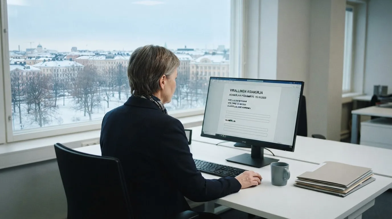 Virkailija istuu vaaleassa virastohuoneessa tietokoneen ääressä, ikkunasta näkyy talvinen kaupunkimaisema.